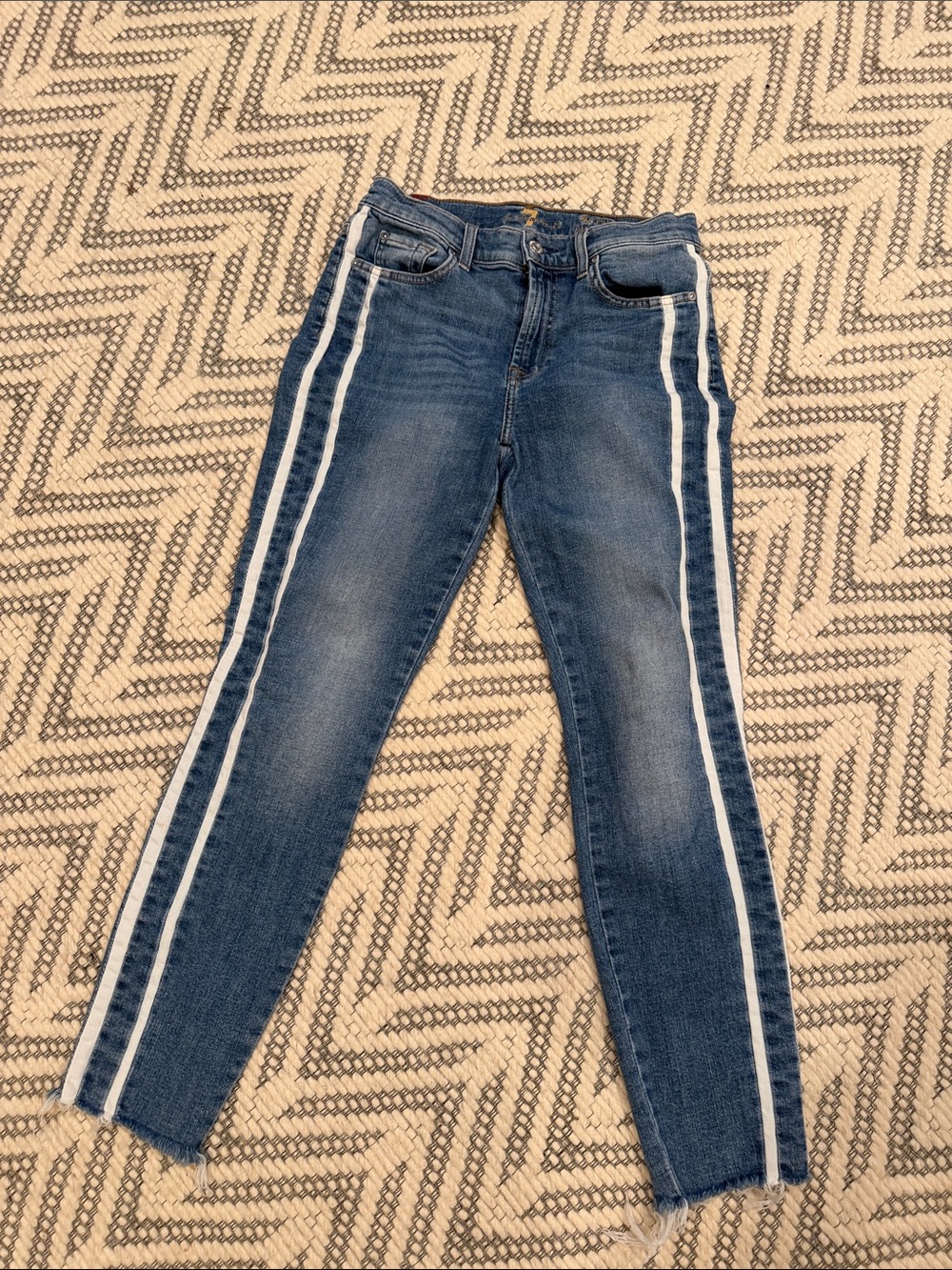 7 For All Mankind Dark Blue Skinny Jeans with White Double Side Stripes